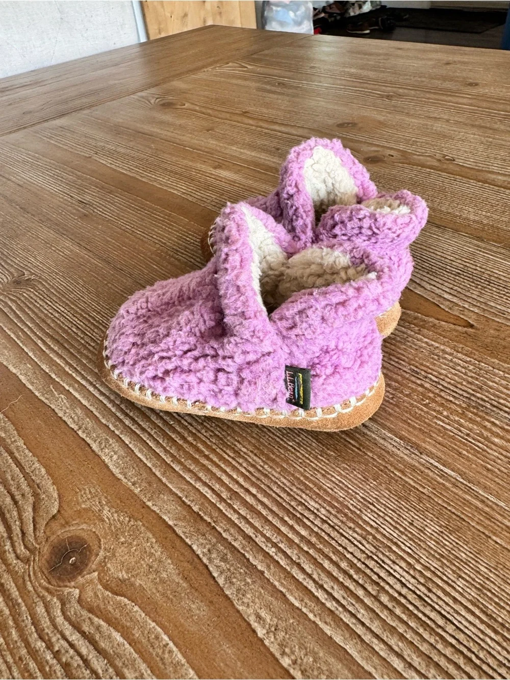 L.L. Bean Kids Pink Fleece Moccasin Slippers with Cream Lining